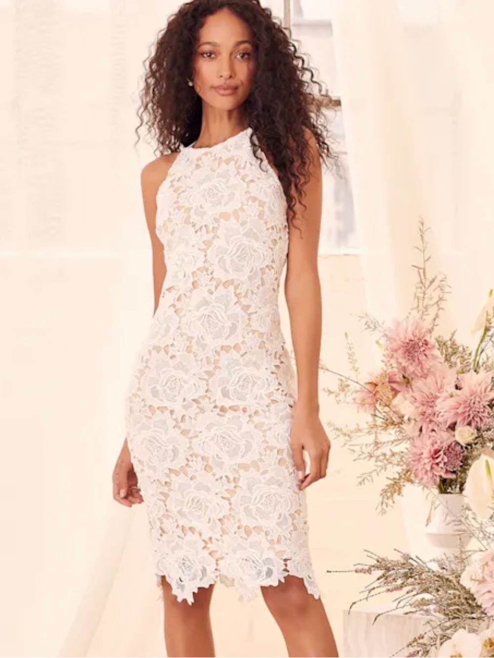 Lulus White De’ LAmour Floral Lace Bodycon Midi Dress XS Nude Lined Sleeveless